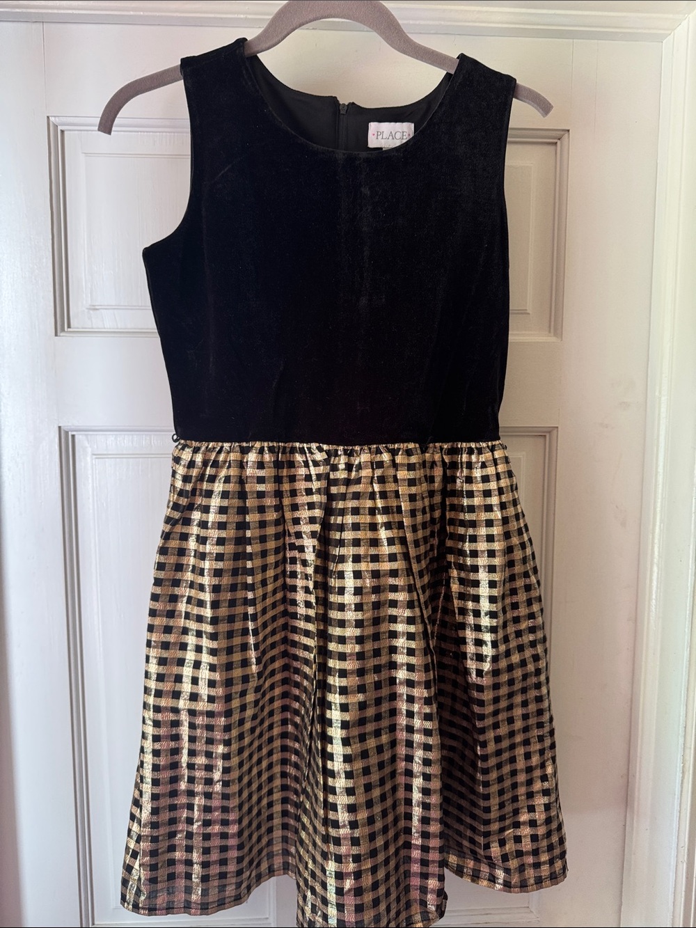 The Children's Place Black Velvet Bodice with Gold Plaid Skirt Dress
